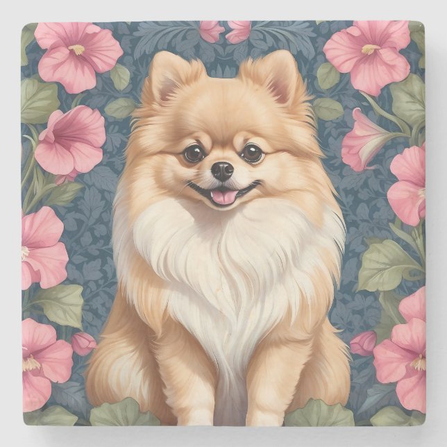 Cute Pommern-Hund med Rosa Petunias Stenunderlägg (Framsidan)