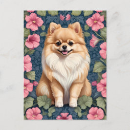 Cute Pommern-Hund med Rosa Petunias Vykort