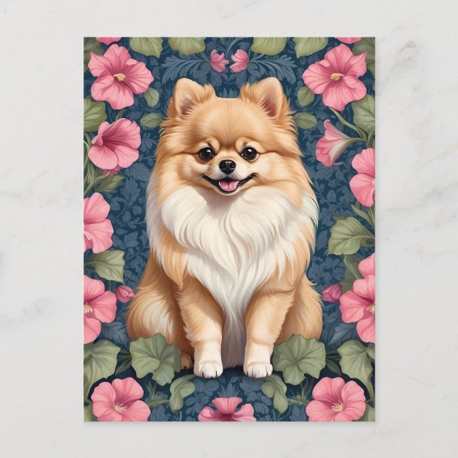 Cute Pommern-Hund med Rosa Petunias Vykort (Framsida)