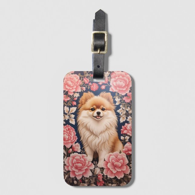 Cute Pommern Hund Rosa Blommigt Bagagebricka (Framsida vertikal)