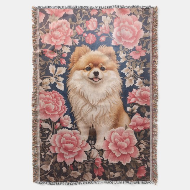 Cute Pommern Hund Rosa Blommigt Filt (Framsidan Vertikal)