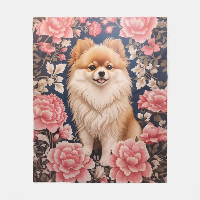 Cute Pommern Hund Rosa Blommigt Fleecefilt (Framsidan)