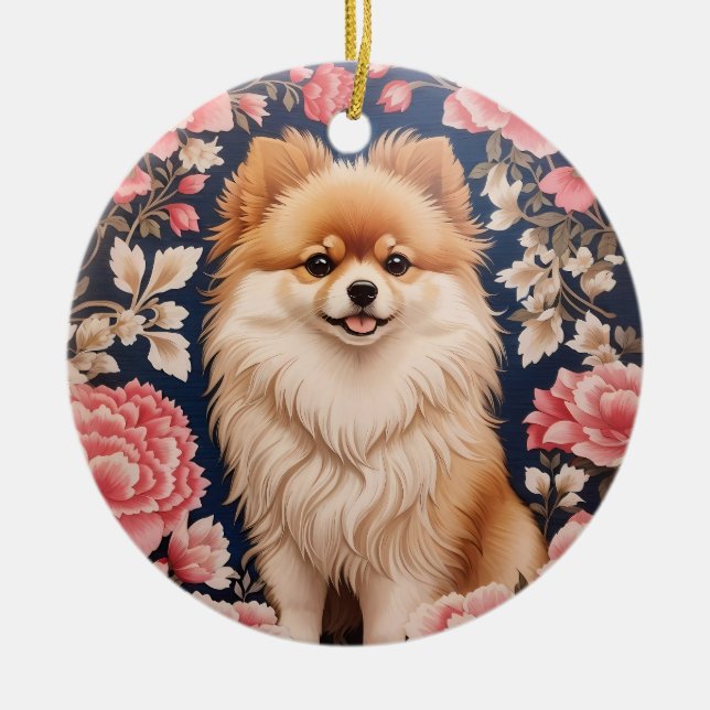 Cute Pommern Hund Rosa Blommigt Julgransprydnad Keramik (Framsidan)