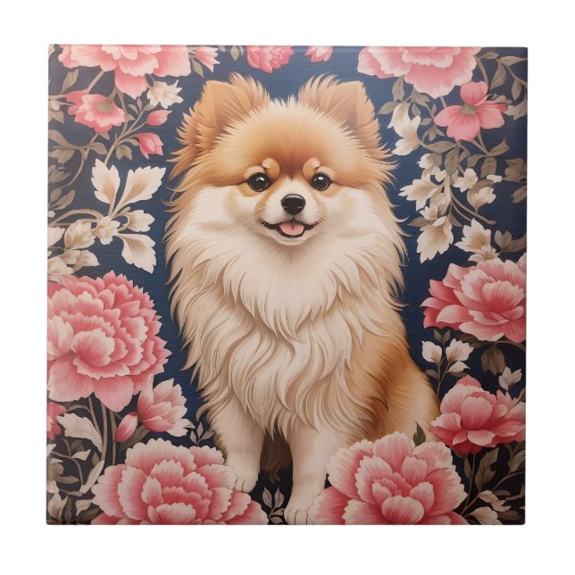 Cute Pommern Hund Rosa Blommigt Kakelplatta (Framsidan)