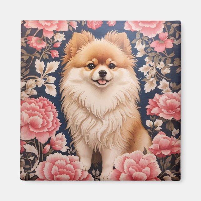 Cute Pommern Hund Rosa Blommigt Magnet (Framsidan)