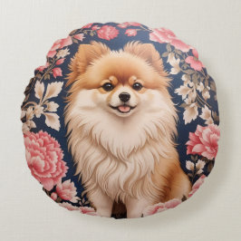 Cute Pommern Hund Rosa Blommigt Rund Kudde