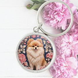 Cute Pommern Hund Rosa Blommigt Rund Silverfärgad Nyckelring
