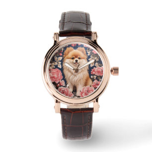 Cute Pommern Hund Rosa Blommigt Tack för ditt kort Armbandsur
