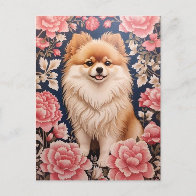 Cute Pommern Hund Rosa Blommigt Vykort (Framsida)