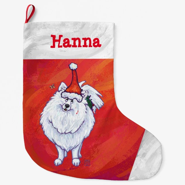 Cute Pommern i Santa Hat på Red Stor Julstrumpa (Framsidan)