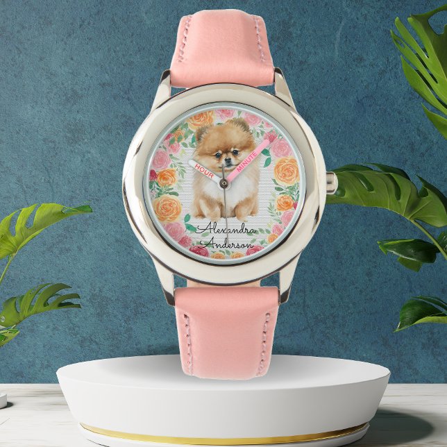 Cute Pommern med vattenfärgblommor i monogram Armbandsur (Skapare uppladdad)