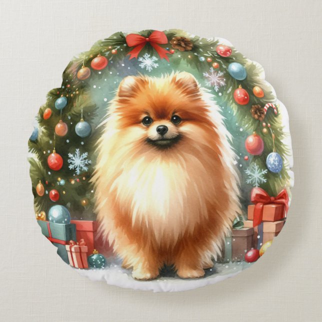 Cute Pommern Watercolor Festive jul Rund Kudde (Framsidan)