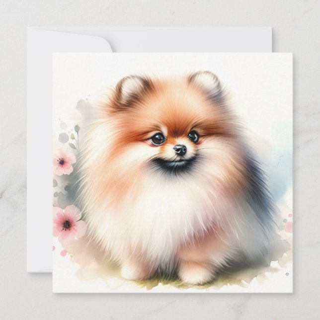 Cute Pommernas vattenfärgillustration Inbjudningar (Framsida)