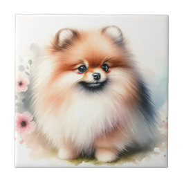 Cute Pommernas vattenfärgillustration Kakelplatta