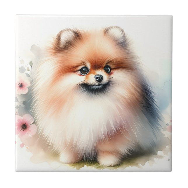 Cute Pommernas vattenfärgillustration Kakelplatta (Framsidan)
