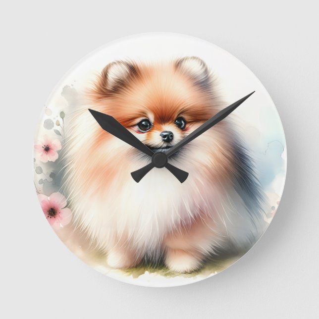 Cute Pommernas vattenfärgillustration Rund Klocka (Framsida)