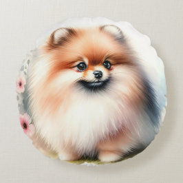 Cute Pommernas vattenfärgillustration Rund Kudde