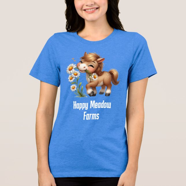 Cute Pony Eating Daisys Farm Business T Shirt (Framsida)