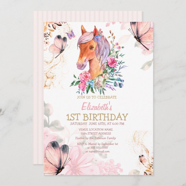 Cute Pony Flowers Butterflies Birthday-inbjudan Inbjudningar (Fram/baksida)