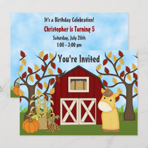 Cute Pony och Red Barn Autumn Horse Birthday Inbjudningar