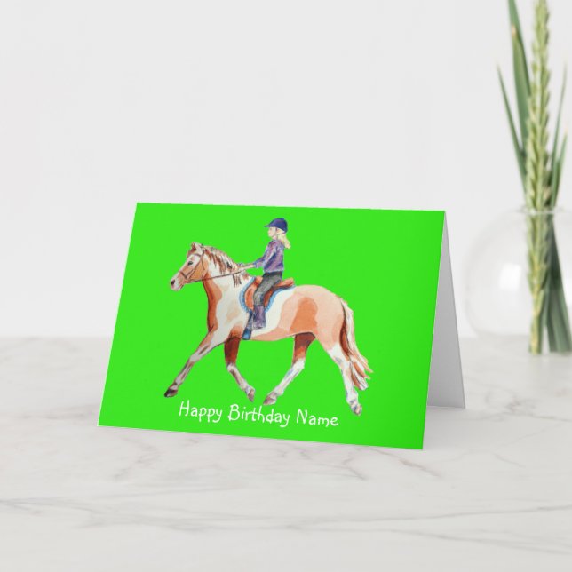 Cute Pony och Rider Trotting Grönt Birthday Kort (Framsida)