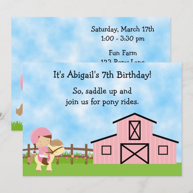 Cute Pony Rides och Rosa Barn Horse Birthday Inbjudningar (Fram/baksida)