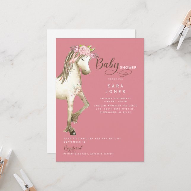Cute Pony Watercolor Rosa Baby Shower Inbjudningar (Fram/Back In Situ)
