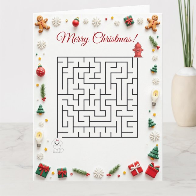Cute Poodle Dog Christmas Maze Puzzle Holiday Kort (Framsida)