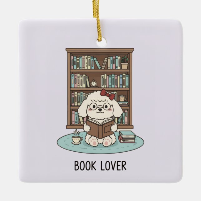 Cute Poodle Puppy Dog Book Lover Pastel Christmas Julgransprydnad Keramik (Framsida)