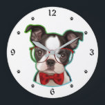 Cute Pop Art Hipster Boston Terrier Hund Stor Klocka<br><div class="desc">En söt Boston Terrier-valp bär röda glasögon och en röd bukslips mitt i klockan. En övertoningstyp och grönt gräns ge...  ett återpopkonsutseende. De svarta siffrorna och färgmarkörerna på den vita bakgrunden gör klockan lätt att läsa.</div>