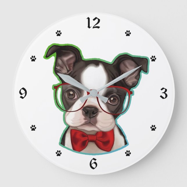 Cute Pop Art Hipster Boston Terrier Hund Stor Klocka (Framsida)