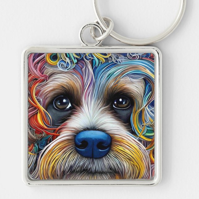 Cute Pop Art Terrier Fyrkantig Silverfärgad Nyckelring (Framsidan)
