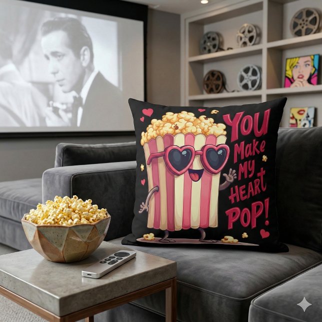 Cute Popcorn Valentine, du gör mitt hjärtepop! Kudde (Popcorn Heart Pop Valentine Design Throw Pillow Mockup A)