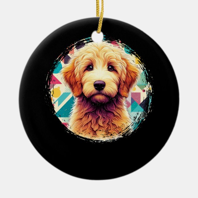 Cute Porträtt Goldendoodle-Hund på Golden Doodle L Julgransprydnad Keramik (Framsidan)