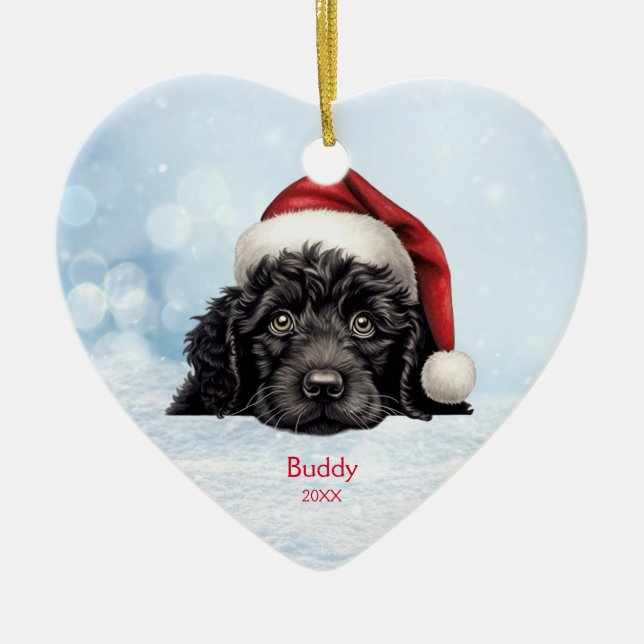 Cute Portugisiska Vatten Hund Santa Hat-Personlige Julgransprydnad Keramik (Framsidan)