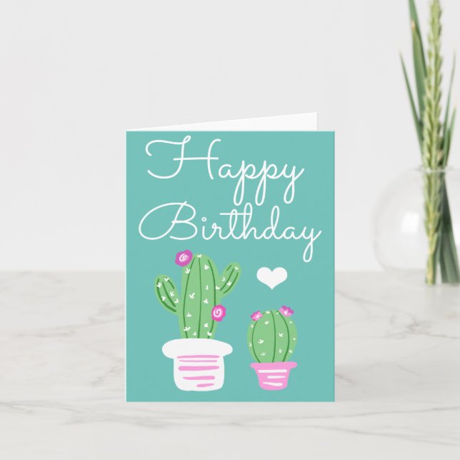 Cute Poted Rosa Blommar Cactus Birthday Kort (Framsida)