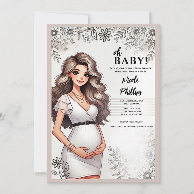 Cute Pregnant Girl Vågigt hårfärgad Blommigt Oh Ba Inbjudningar (Framsida)