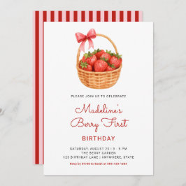 Cute Preppy Berry First Strawberry Birthday Inbjudningar