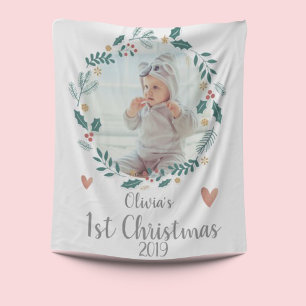 Cute Pretty Wreath Baby First Christmas Photo Fleecefilt