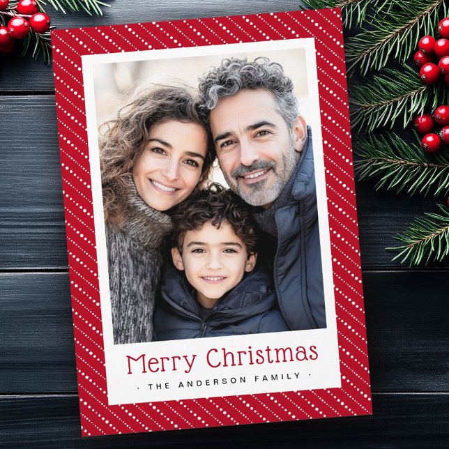 Cute-prickad rand god jul fotoröd julkort (Cute dotted stripes merry Christmas photo red Holiday Card)