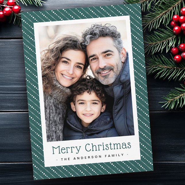 Cute-prickad rand god jul-grönt julkort (Cute dotted stripes merry Christmas photo green Holiday Card)