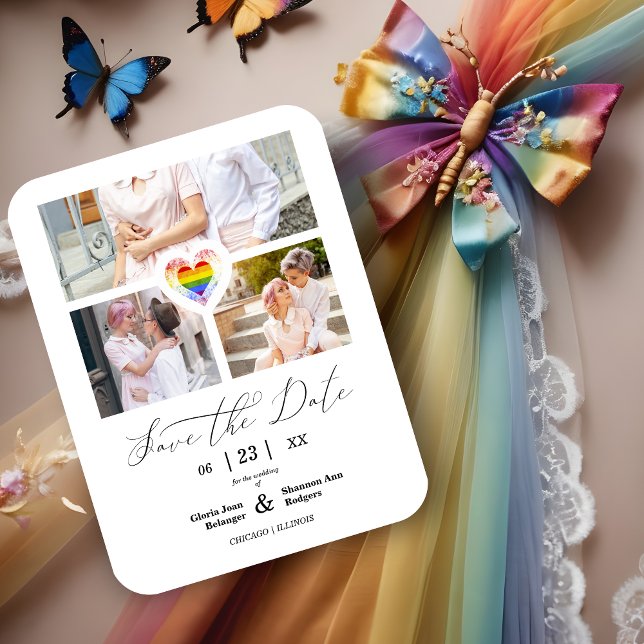 Cute Pride Rainbow Heart Lesbisk Gay 3 Foton Magnet (Cute Pride Rainbow Heart Lesbian Gay 3 Photos Collage Save the Date Magnet Card.)