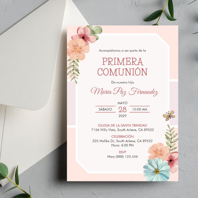 Cute Primera Comunion Rosa Flowers First Communion Inbjudningar (Skapare uppladdad)