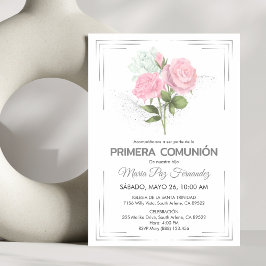 Cute Primera Comunion Rosa ros First Communion Inbjudningar