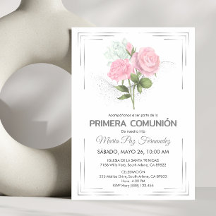 Cute Primera Comunion Rosa ros First Communion Inbjudningar