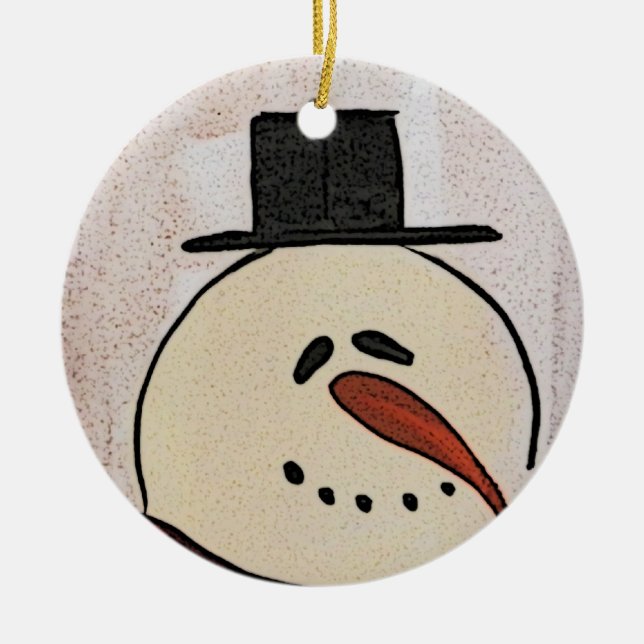 Cute Primitive Art Snögubbe Julgransprydnad Keramik (Framsidan)