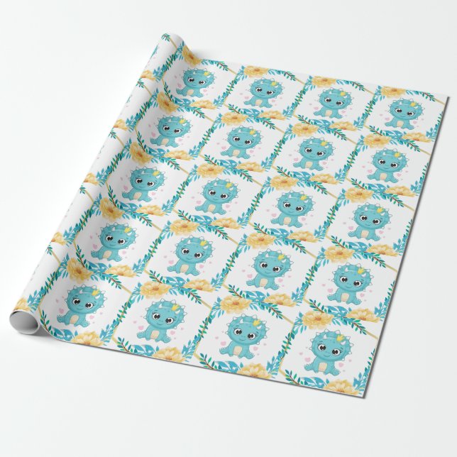 Cute Prince Teal och Gult Dinosaur Baby Shower Presentpapper (Utrullad)