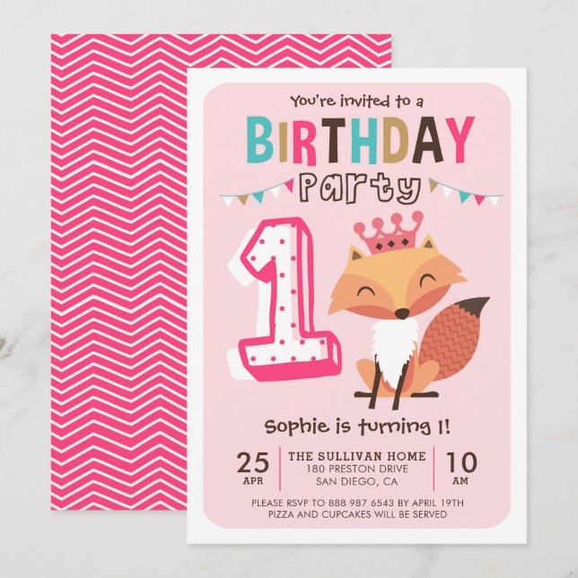Cute Princess Baby Fox Rosa First Birthday Inbjudningar (Fram/baksida)