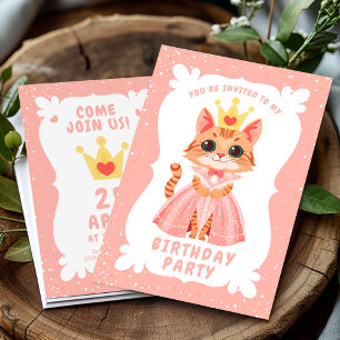 Cute Princess Cat in Rosa Dress Whimsical Birthday Inbjudningar
