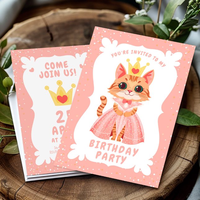 Cute Princess Cat in Rosa Dress Whimsical Birthday Inbjudningar (Skapare uppladdad)